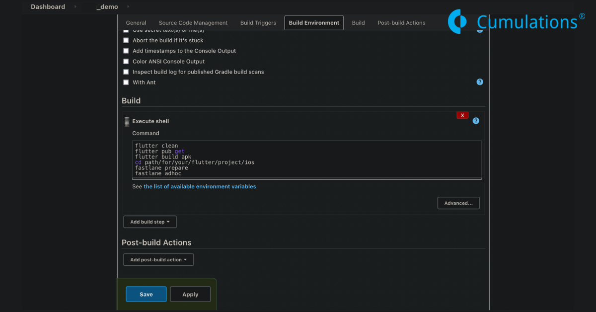 Build step configuration for APK and IPA generation